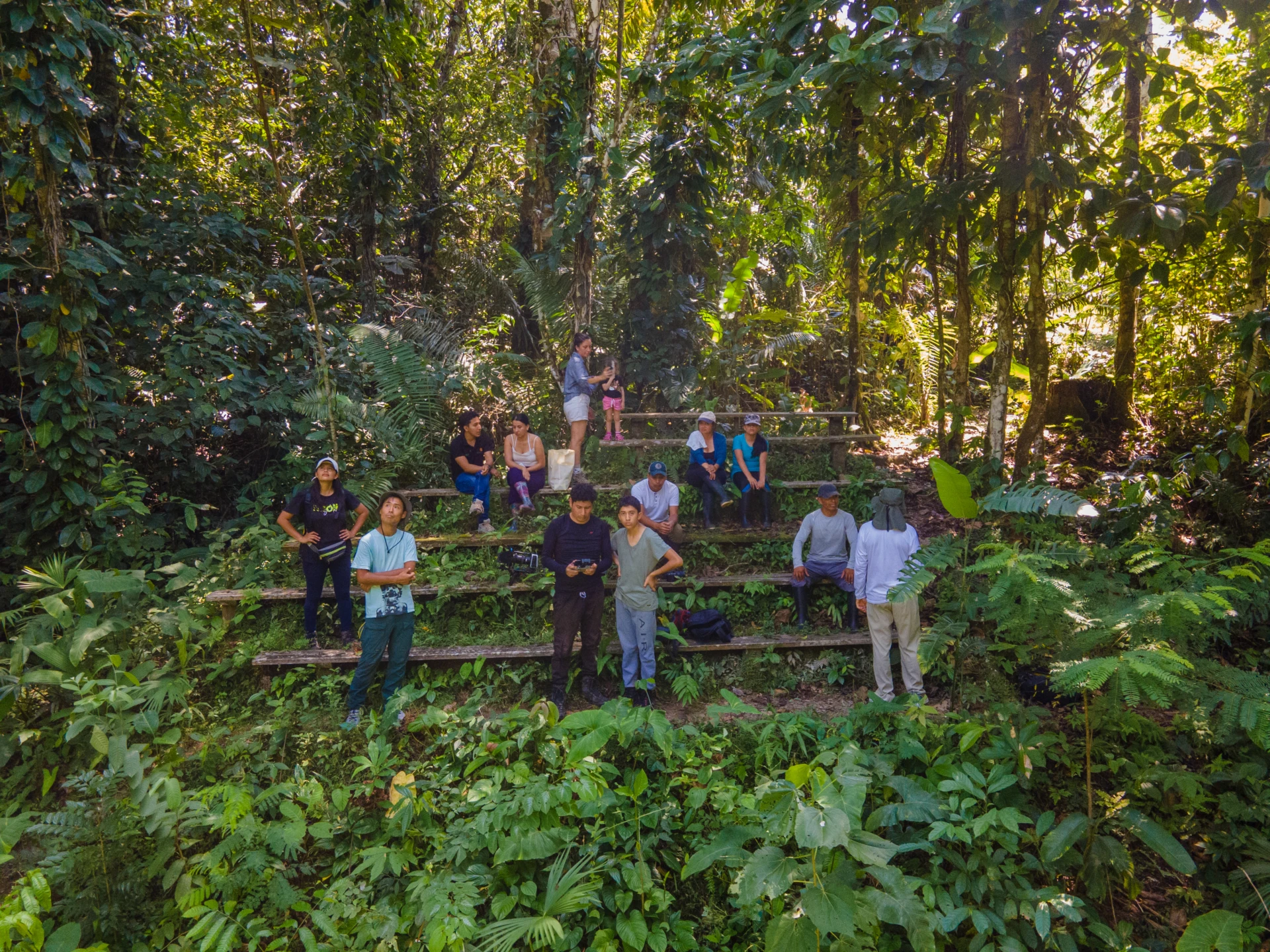 Grupo de estudiantes descendiendo una escalera en el bosque de la Fundación Yachana